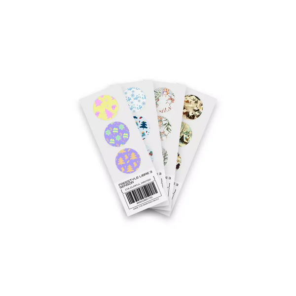 Winter edition Freestyle Libre 3 sensor stickers with festive designs, featuring secure fit for enhanced glucose monitoring.