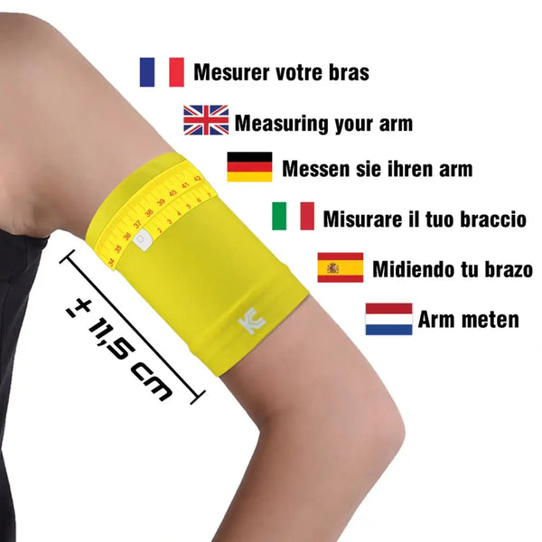 glucose sensor protective armband measurement guide showing how to size arm for proper fit and support