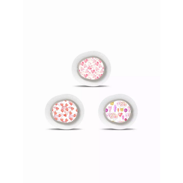 Valentine-themed Dexcom G7 sensor stickers with heart designs, set of 3.