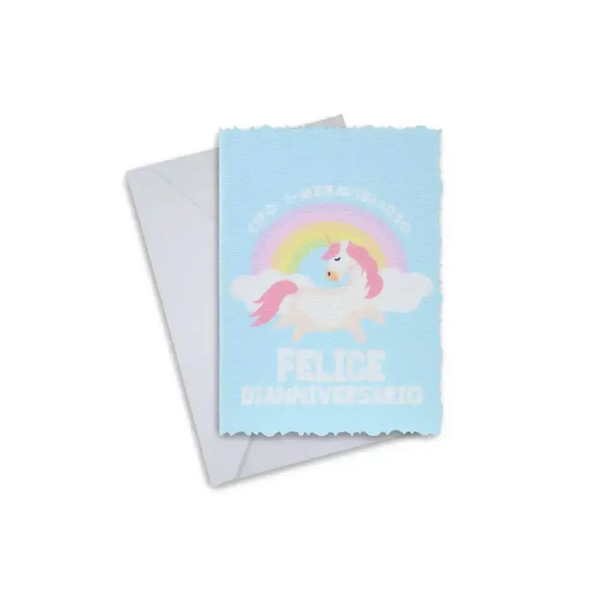 Diaversary card with unicorn and rainbow design, includes envelope, ideal for diabetes anniversary.