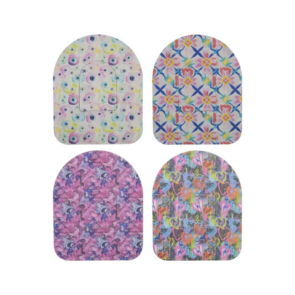 Omnipod Dash Patches with spring designs for secure insulin pump placement.