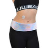 Adjustable insulin pump belt in pastel colors worn by model, promoting comfort and discreet support.
