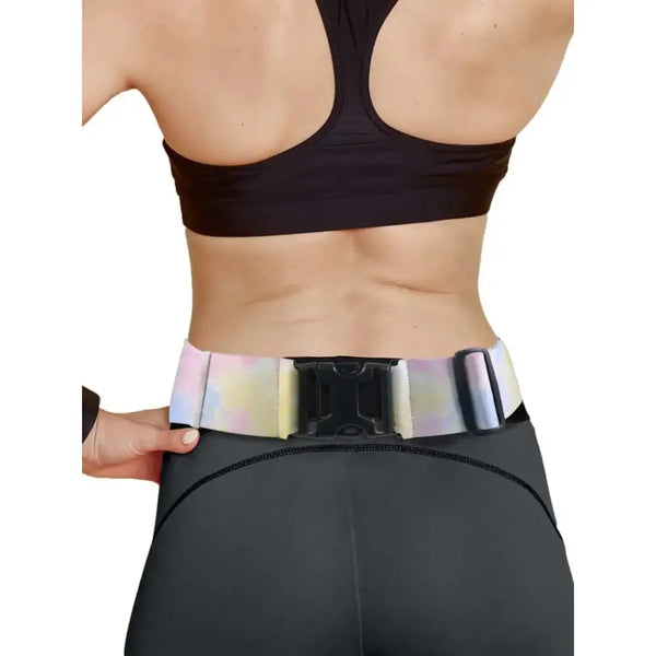 Adjustable insulin pump belt in summer vibes design, worn by person, showing back view with reinforced openings and secure fit.