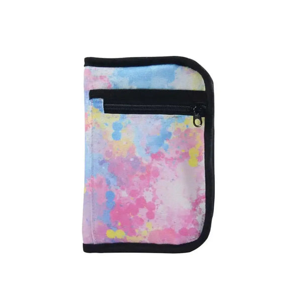 Compact diabetic travel case with colorful summer tie-dye design; ideal for organizing glucose meter, test strips, and more.