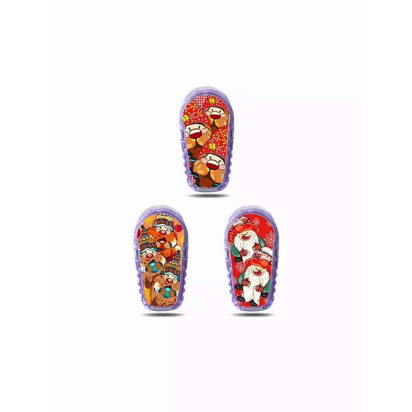 Three clear containers of colorful sock monkey toys next to Dexcom G6 Stickers for Christmas 2024