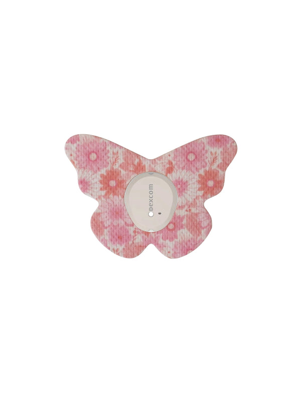 Dexcom G7 butterfly shape patch in Flower Serenade design, breathable adhesive overpatch to help support sensor wear