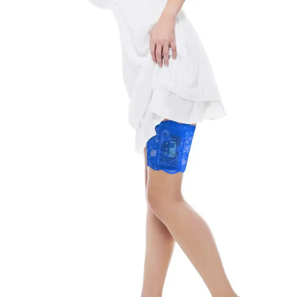 Blue lace garter securely holding an insulin pump on a woman's thigh under a white dress, designed for comfort and style.