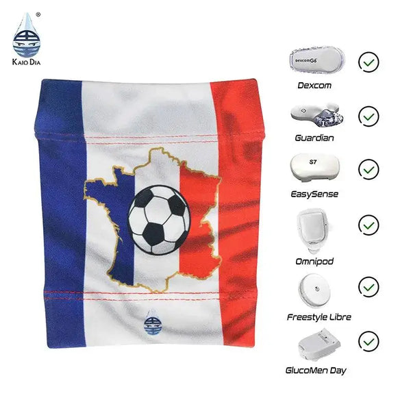 Glucose sensor armband for children with country flag design, compatible with Dexcom, Guardian, Omnipod, Freestyle Libre, and GlucoMen Day.