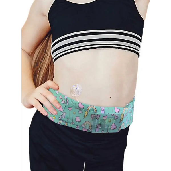 Insulin pump waist belt with mesh window for children, featuring fun design and easy access for monitoring.