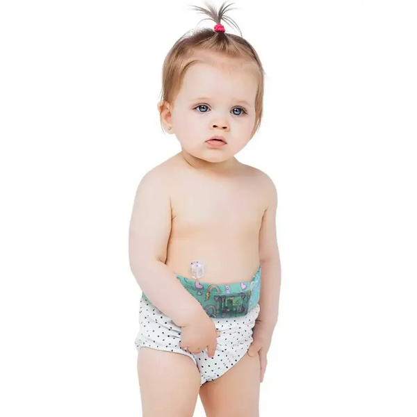 Insulin pump waist belt with mesh window for children showing a toddler wearing it.
