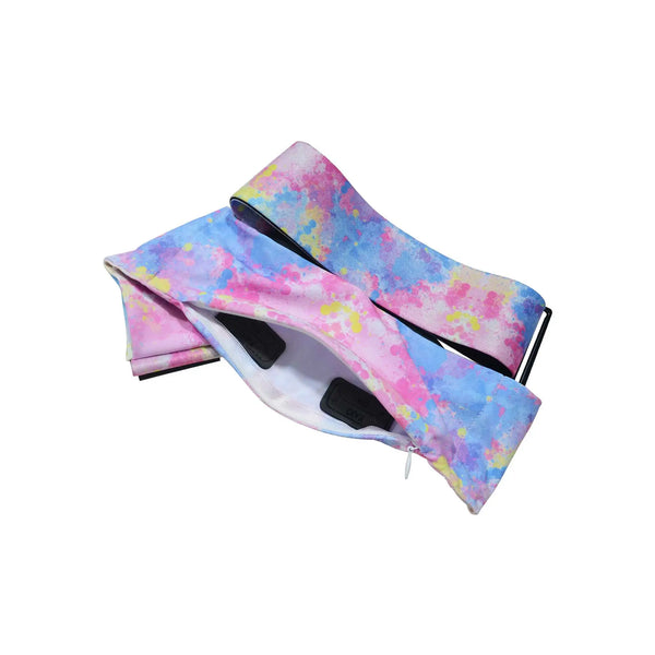 Tie dye insulin pump belt open zipper pocket view showing secure compartment for insulin pump