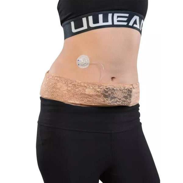 Lace insulin pump waist belt for women with type 1 diabetes, featuring secure tubing placement and stylish design.
