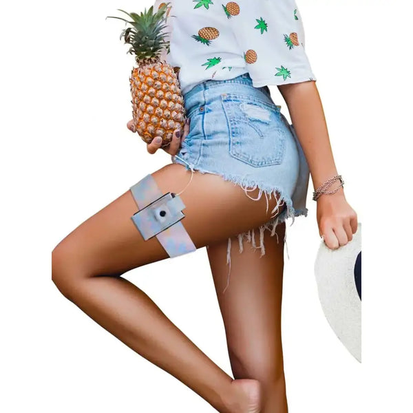 Insulin pump pouch with loop and strap in vibrant pop color, attached to leg; part of Dia-Mini Pouch Summer Vibes Collection.