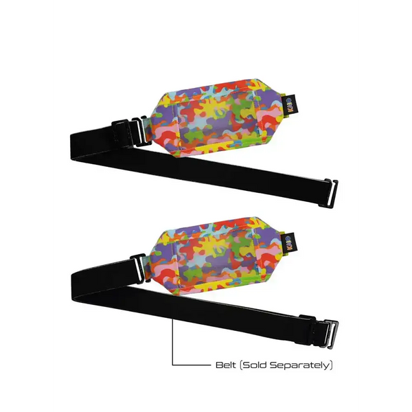 Insulin pump pouch with colorful mesh window design, shown with separately sold belt.