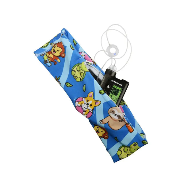 Insulin pump waist belt for small children with colorful animal designs and secure tubing openings