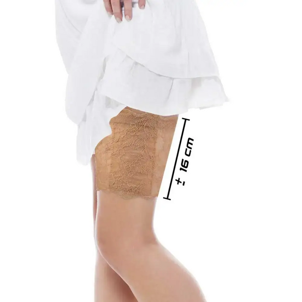 Taupe lace garter leg band for insulin pump discreetly worn on thigh under white dress