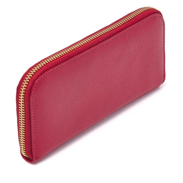 Red leather diabetic case with gold zip, designed for stylish organization of diabetes care essentials by Sweet Collection.