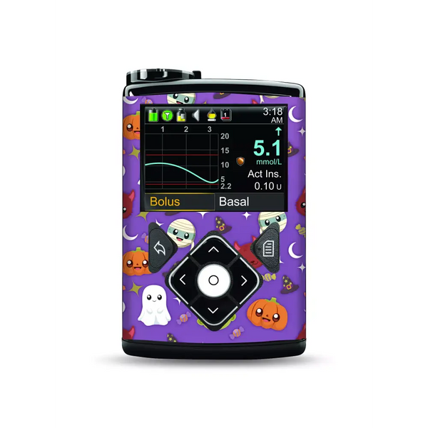 Medtronic Pump Stickers - Halloween creatures theme with cute characters like pumpkins, ghosts, and Frankenstein on a purple background.