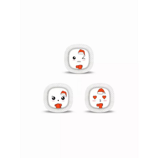 Three cute cartoon snowman faces with Santa hats on Medtronic Simplera CGM stickers