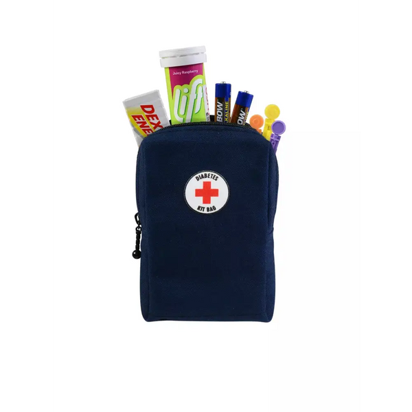 Mini kit bag for diabetics with medical supplies and snacks.