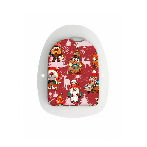 Christmas-themed Omnipod Pod Stickers featuring cartoon characters on a red background