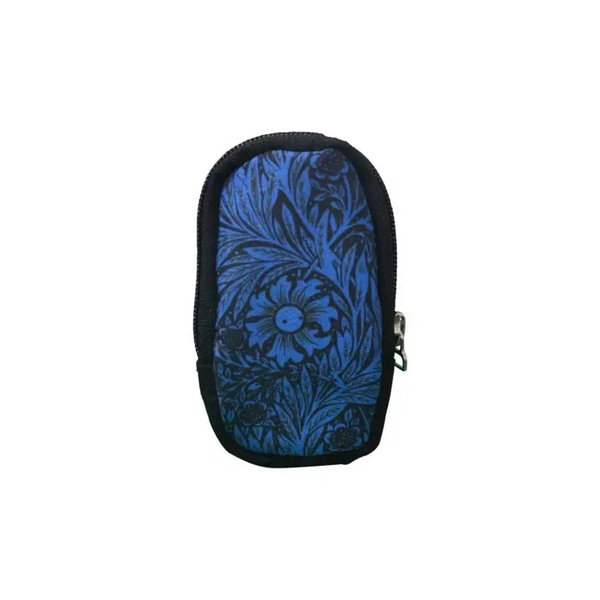 Compact blue and black floral pouch for glucose meter with zipper closure and belt loop