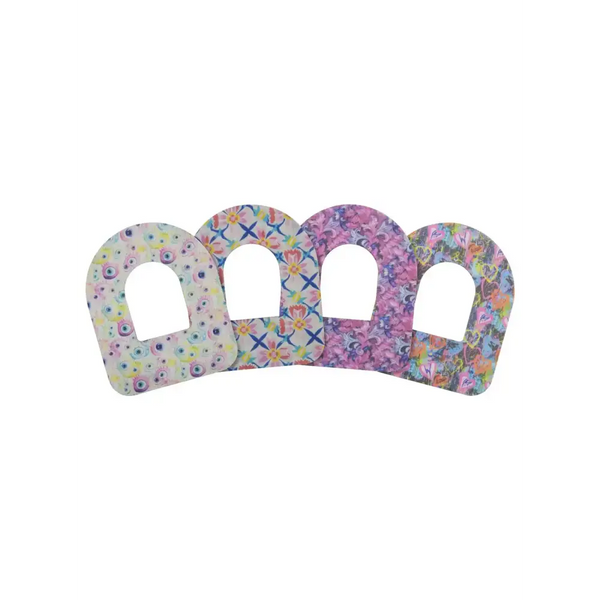 Omnipod Dash patches with spring floral designs for insulin pumps.