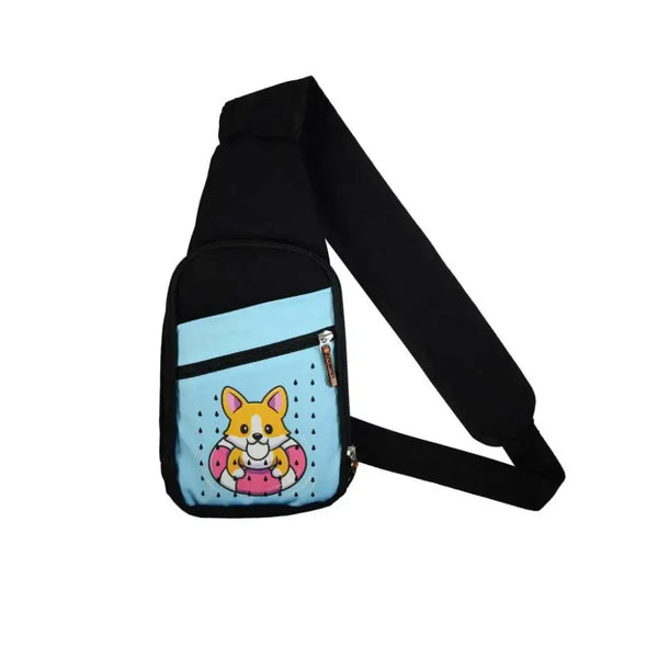 Children's shoulder bag with insulin cooling system featuring a playful dog print, compact and designed for diabetes essentials.