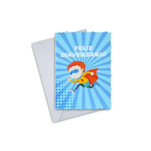 Inspiring Diaversary greeting card with superhero design and "Feliz Diaversario" text, showcasing a vibrant, celebratory theme on high-quality canvas.