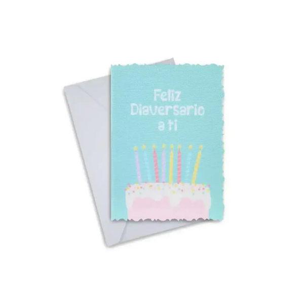 Diaversary greeting card with cake design and pastel colors, accompanied by an envelope.