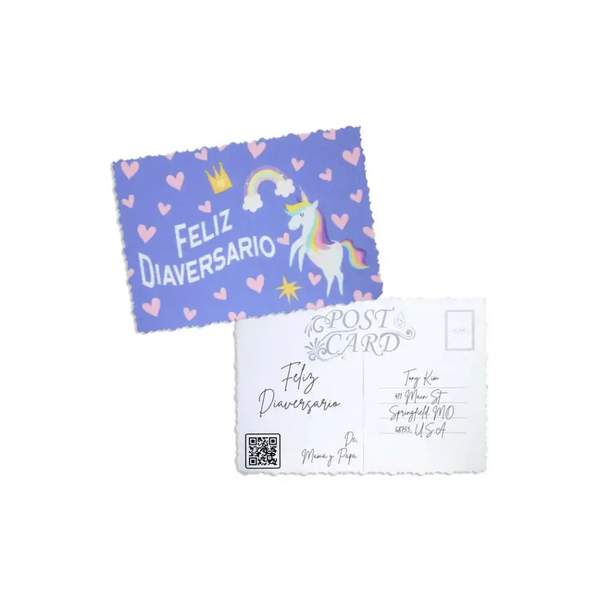 Empowering Diaversary Postcards with vibrant unicorn design and heart pattern, celebrating diabetes milestones.