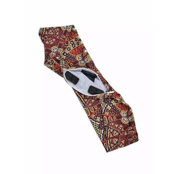 Insulin pump waist belt with vibrant prints, featuring reinforced pockets for secure tubing placement.