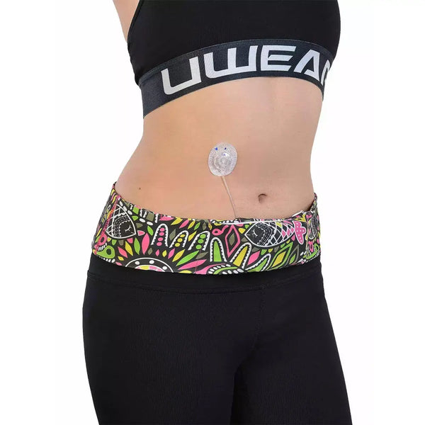 Colorful insulin pump waist belt for diabetics, securely holds pump, trendy prints, comfortable fit.