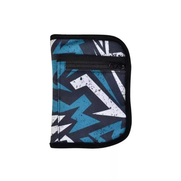 Colorful diabetic travel case for kids, compact and stylish with multiple compartments for glucose meter essentials, blue zigzag design.