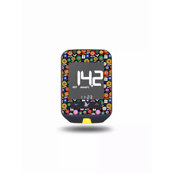 Freestyle Optium Neo glucose meter with colorful spring floral stickers decoration