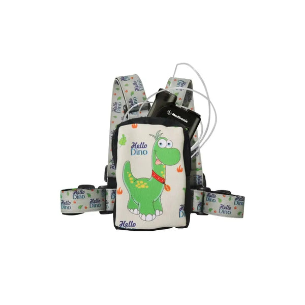 Insulin pump harness for kids with dinosaur design, adjustable straps, and pocket for night-time use.