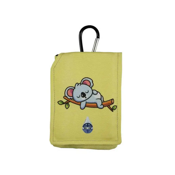 Insulin pump pouch for kids with cooling system featuring a cute koala design and carabiner attachment.