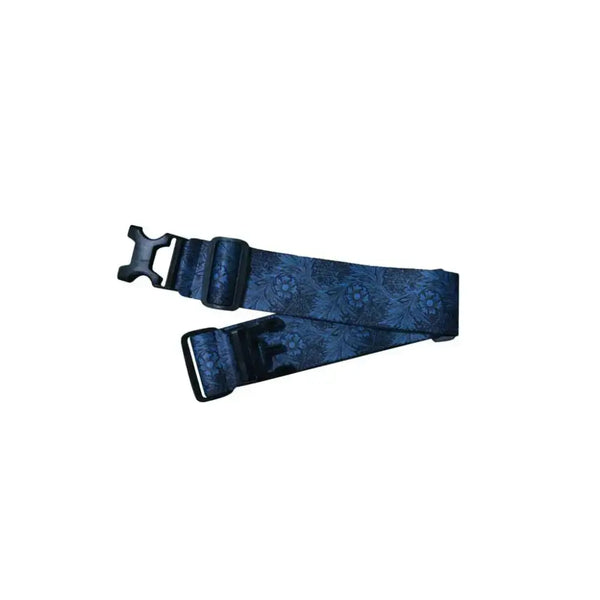 Multipurpose belt for diabetics with adjustable buckle and blue floral pattern.
