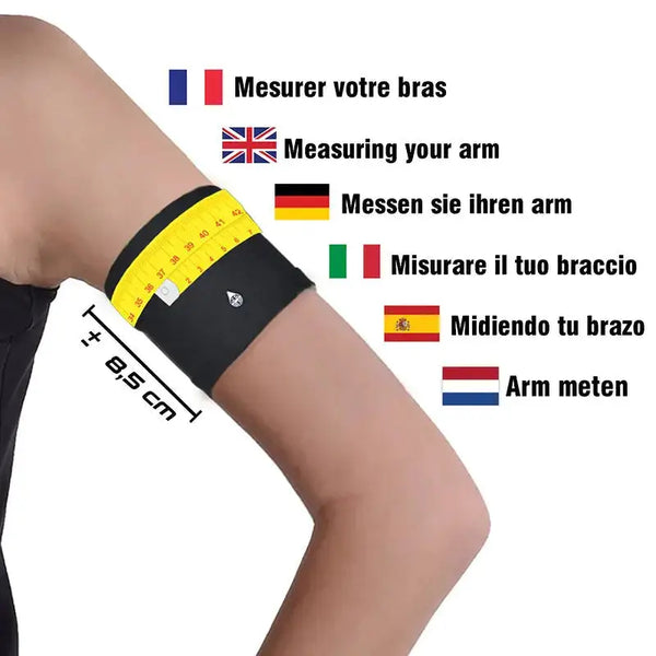 Narrow Diabetic Sensor Armband on arm with measurement tape, suitable for glucose sensors.