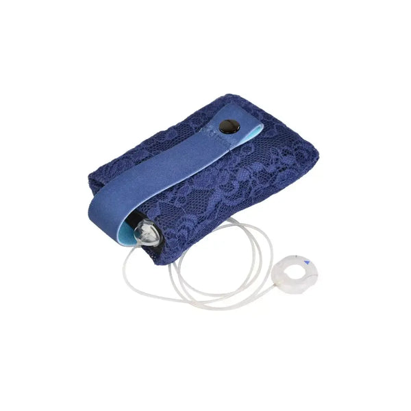 Bra pouch for insulin pump in blue lace, designed for women with type 1 diabetes.