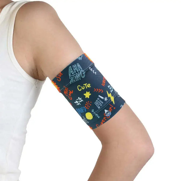 Protective armband for glucose sensor with colorful teenager design worn on upper arm for diabetes device safety