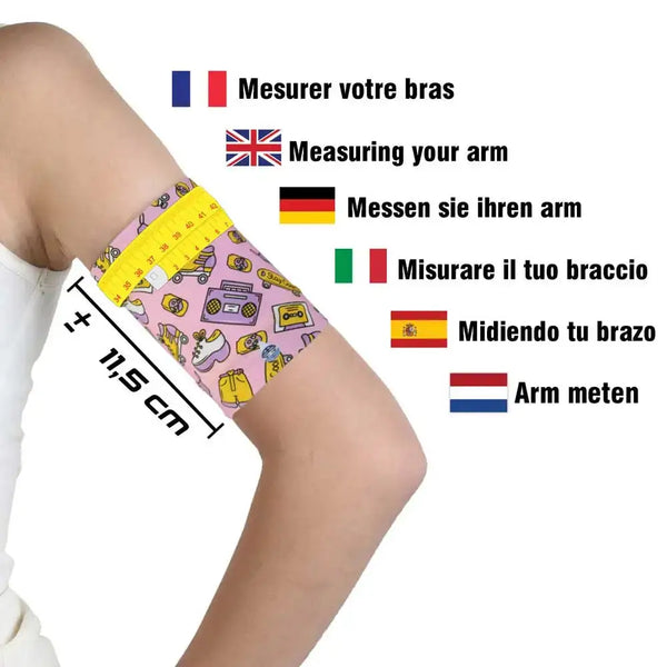 Protective armband for glucose sensor measuring 11.5 cm on teenager's upper arm with colorful design