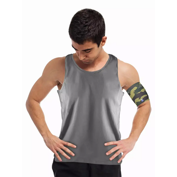 Tank top for insulin pump with integrated pockets, designed for diabetes management, in grey color.