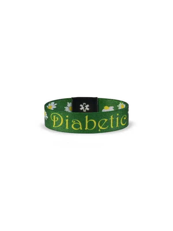 Reversible Type 1 Diabetes awareness wristband for children with "Diabetic" and daisy patterns.