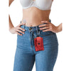 Lace insulin pump pouch clipped to jeans for discreet and stylish diabetes management.