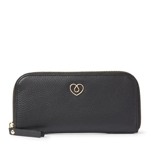 Black leather case for diabetics with gold heart emblem, protective and stylish for daily use. Image