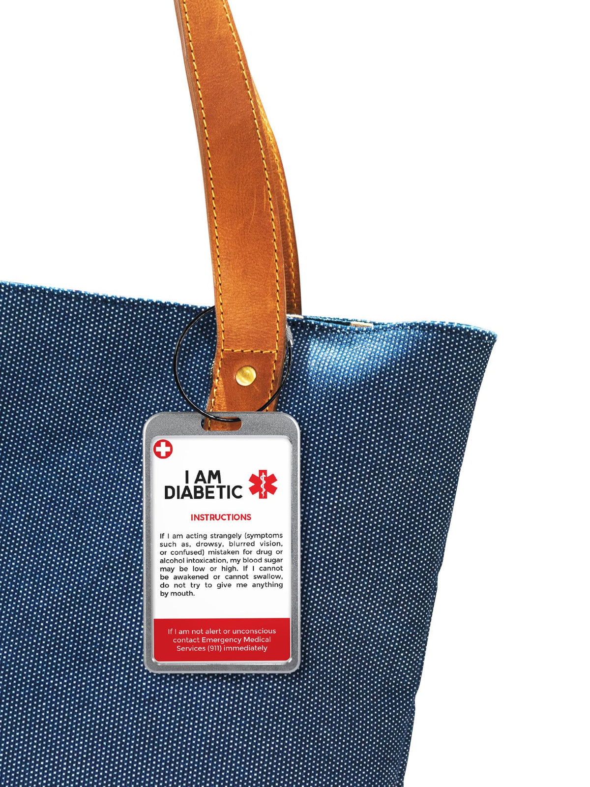 Diabetic Emergency ID Card, a Dia-Luggage ID Card, attached to a denim bag strap, providing vital instructions for emergencies. Image