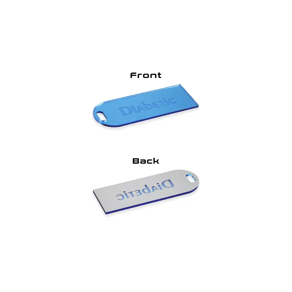 Diabetic luggage tag in blue acrylic with clear identification.