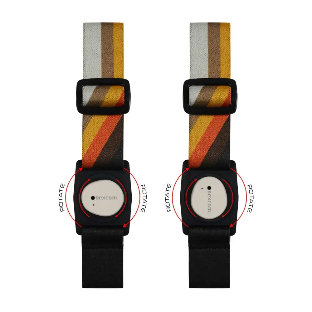 Black Dexcom G7 Armband with Rotating Clip, featuring orange and yellow diagonal stripes