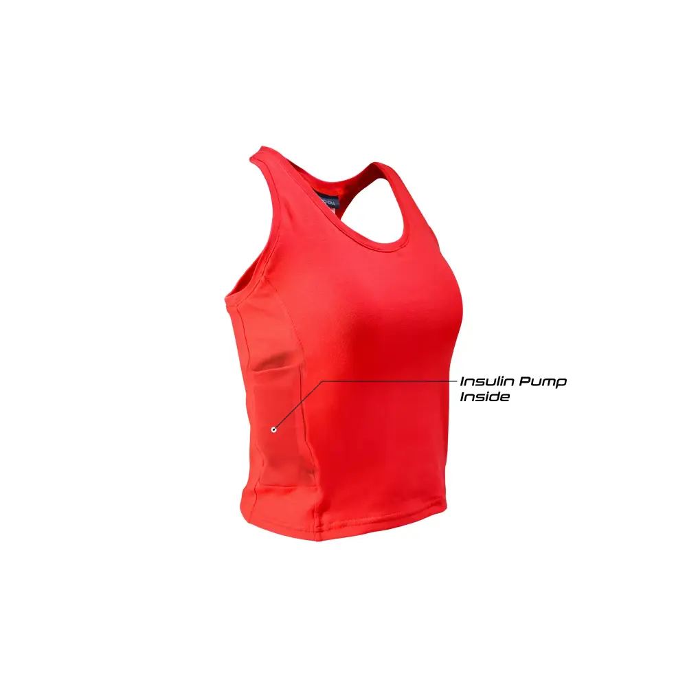 Woman's crop top for insulin pump in red, featuring dual side pockets with tubing openings.